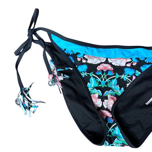 Womens Floral Print Black & Blue Bikini Swim Bottom With Adjustable Side Ties M - Picture 2 of 5